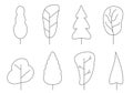 Tree icon set. Abstract outline trees silhouettes for nature, cartoon forest or garden design. Green plants. Vector illustration